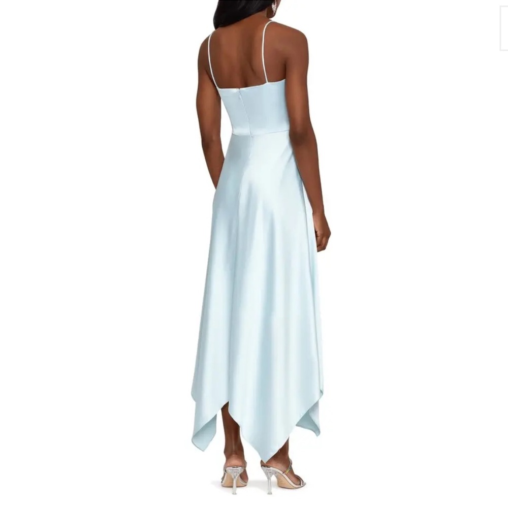 XSCAPE Handkerchief Hem Satin Spaghetti Strap Dress Gown Ice Blue Size 2 - Picture 2 of 12